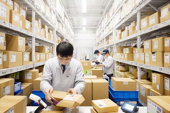 EC事業者の倉庫と出荷作業風景、売上予測と在庫予算最適化のAI予算計画対象